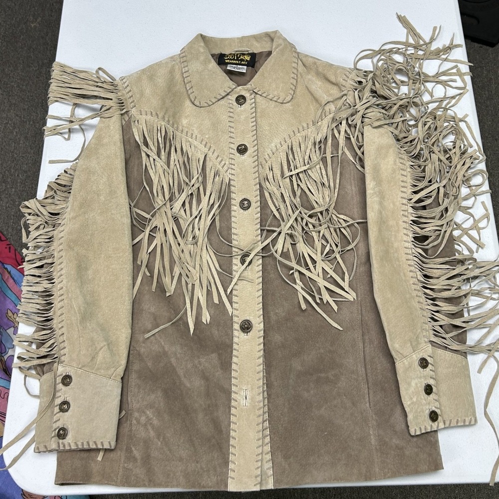 Bob Mackie Fringe Jacket Womens S Tan Brown Leather Suede Western Wearable Art